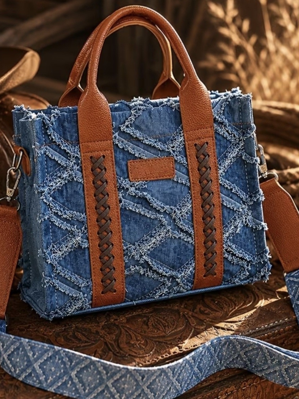 Denim Patchwork Tote with Brown Leather Handles